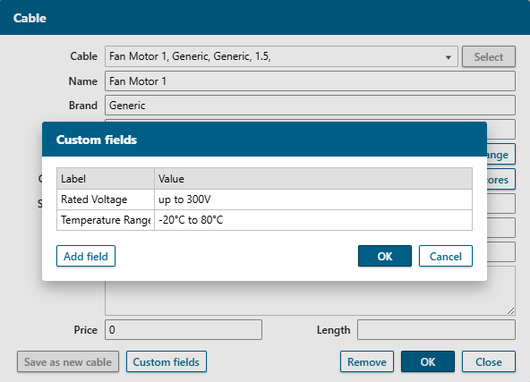 Dodawanie niestandardowych pól danych dla kabla w oknie dialogowym pól niestandardowych.